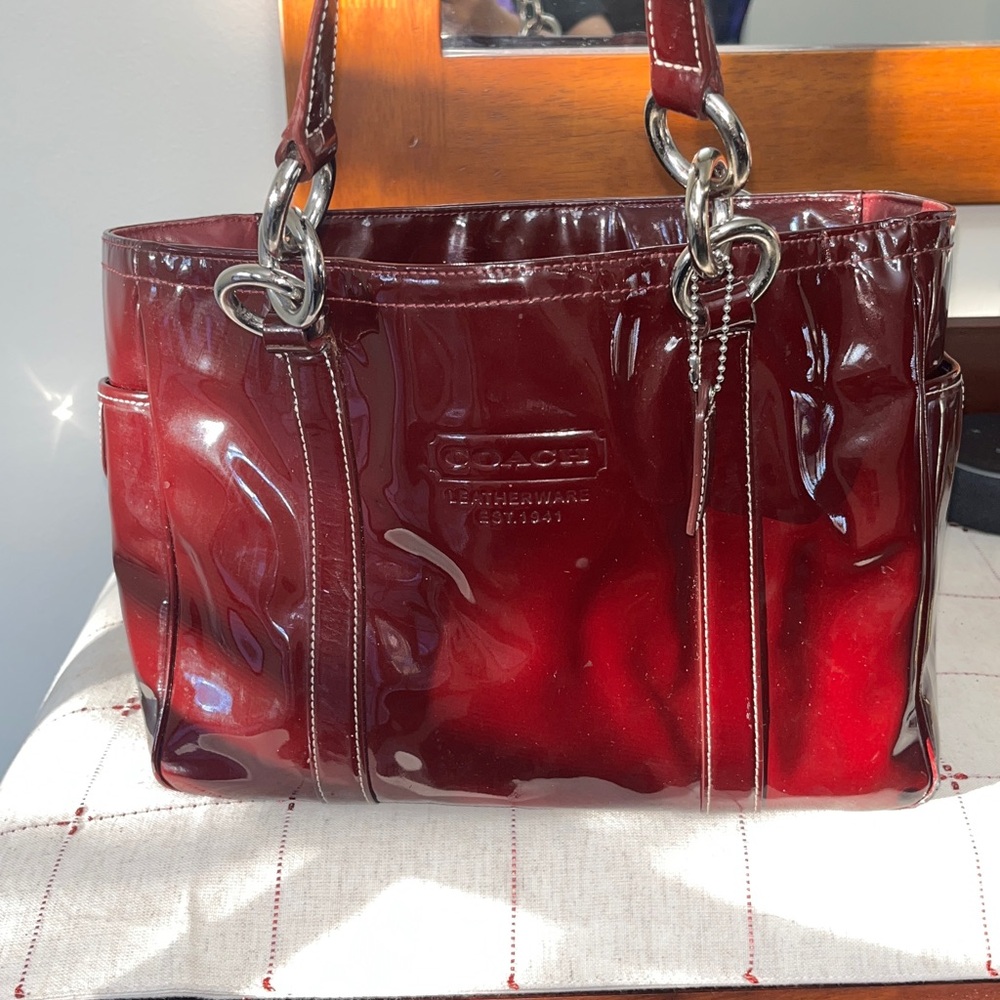 Coach Burgundy East West Patent Leather Tote